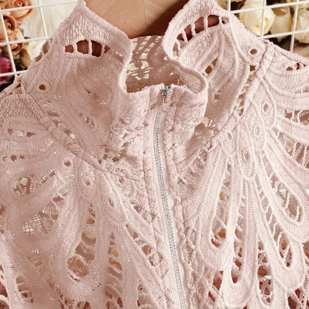 Baby Pink Elegant Women's Floral Lace Zipper Front Lantern Sleeve Blouse - Picture 4 of 6